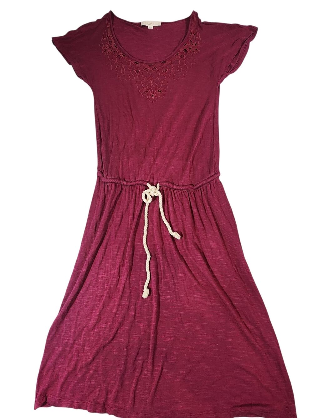 LOFT XS Burgundy Tie Waist Crochet Neck Boho Dress blousen midi
